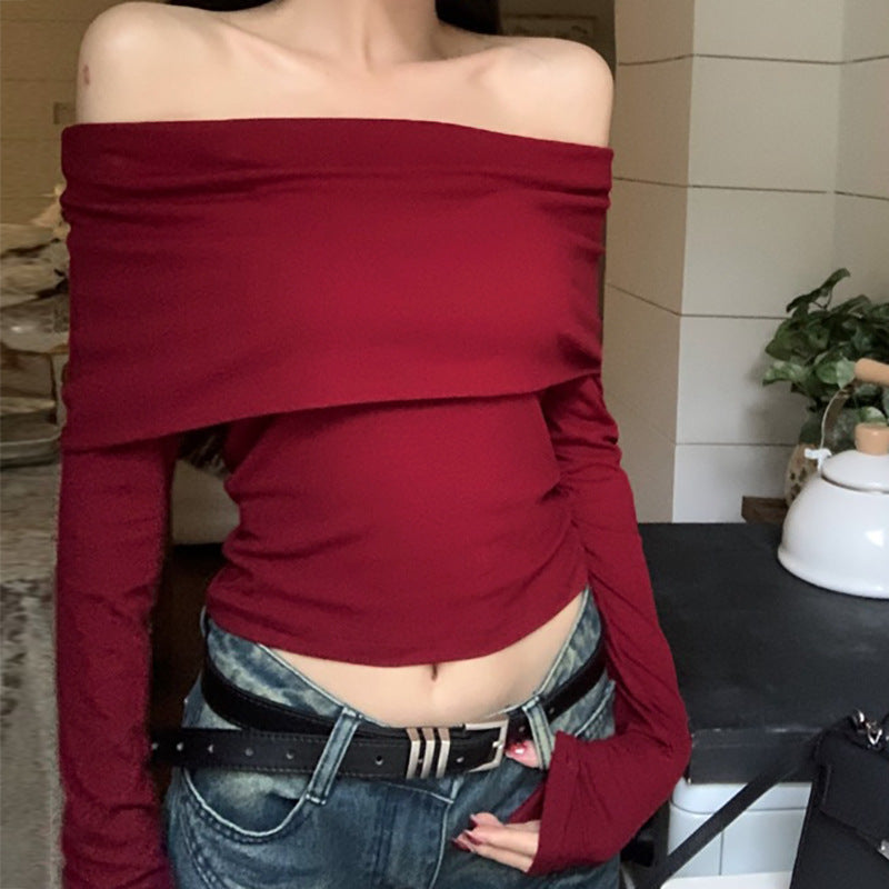 Fashion Tight Bottoming Shirt T-shirt For Women Wine Red