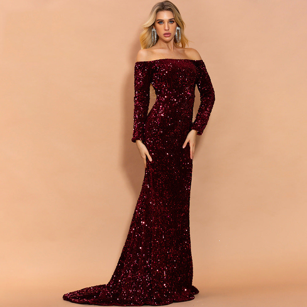 Strapless Long Sleeve Sequins Party Evening Dress