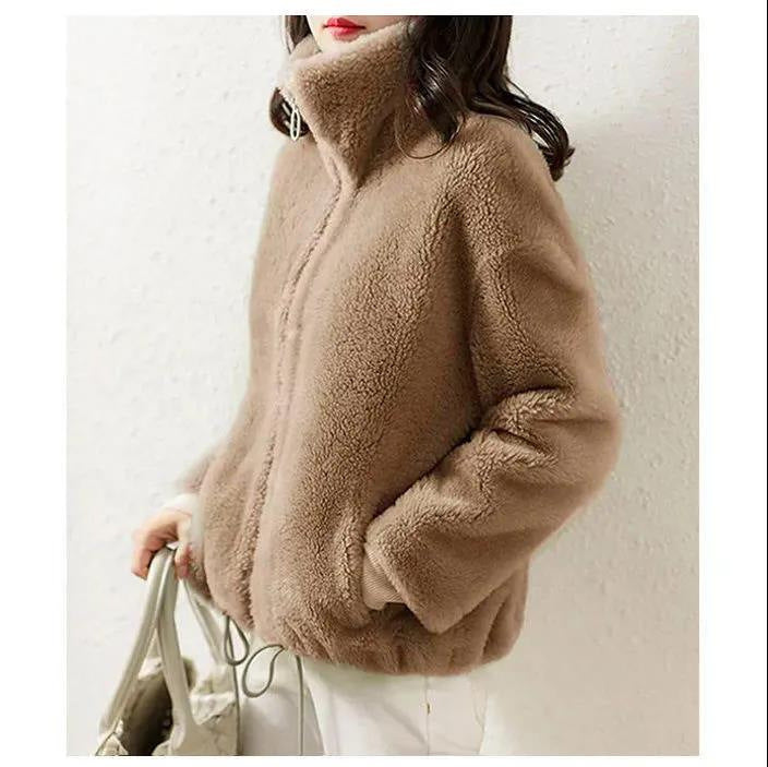 Winter Fleece Padded Coat Women's Zipper Cardigan Double-sided Velvet Thermal Turtleneck Sweater