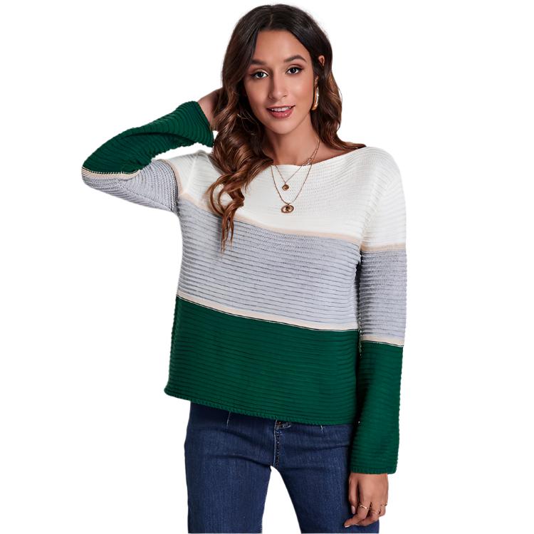 Contrast Color Large Striped Off-neck Knitted Sweater Green Acrylic Fiber