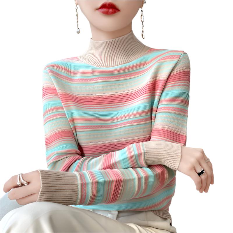 Mock-neck Stripes Wool Knitted Pullover Thick Sweater Beige Wool