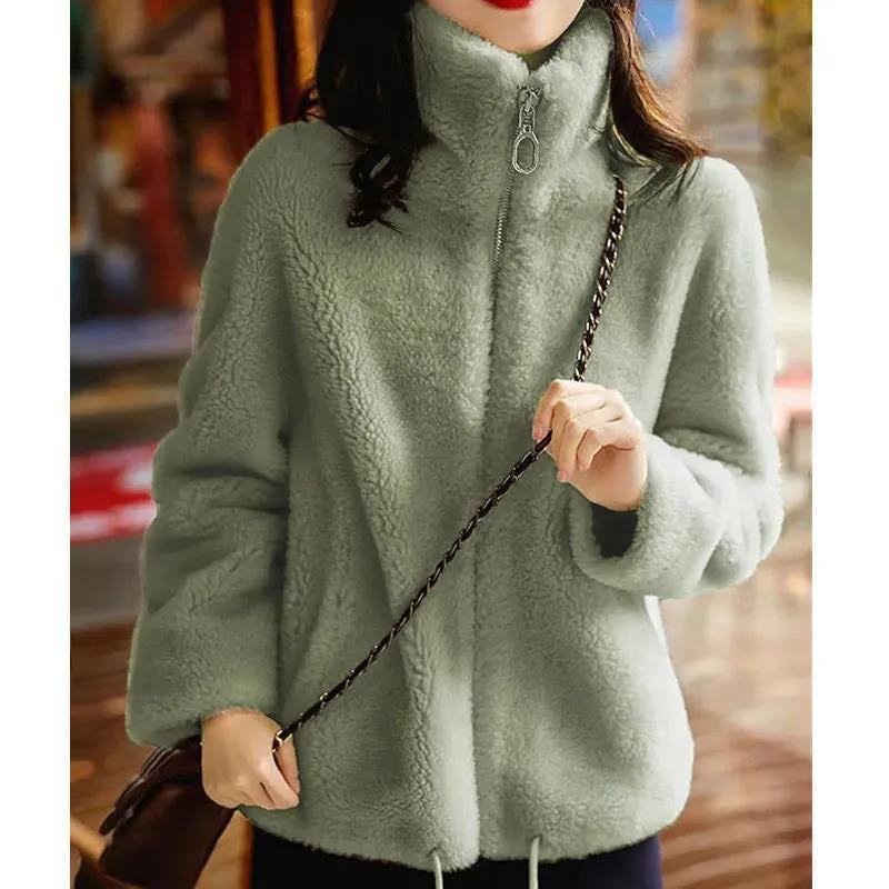 Winter Fleece Padded Coat Women's Zipper Cardigan Double-sided Velvet Thermal Turtleneck Sweater Light Green