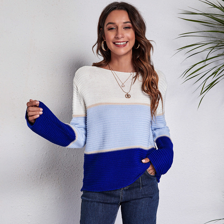 Contrast Color Large Striped Off-neck Knitted Sweater Sapphire Blue Acrylic Fiber