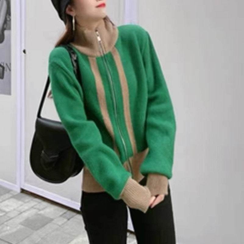 Women's Loose Temperament Korean-style Stand Collar Cardigan Green Free Size