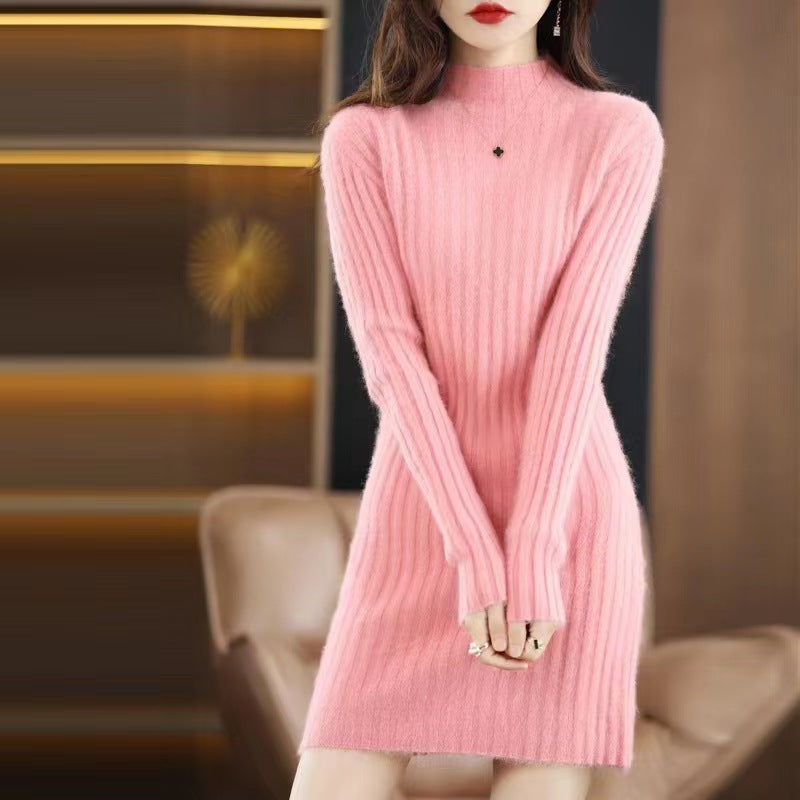 Autumn And Winter Artificial Mink Cashmere Sweater Women's Half Turtleneck Slim Fit Slimming Pink Free Size Polyester