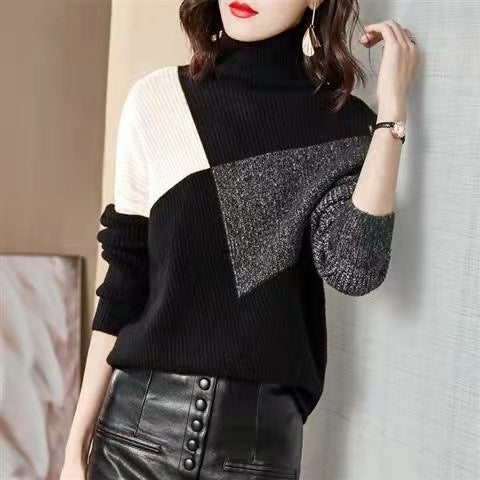 Women's Loose High Collar Color Matching Sweater White