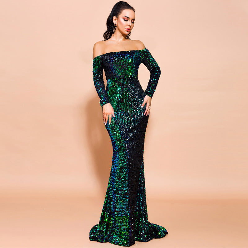 Strapless Long Sleeve Sequins Party Evening Dress