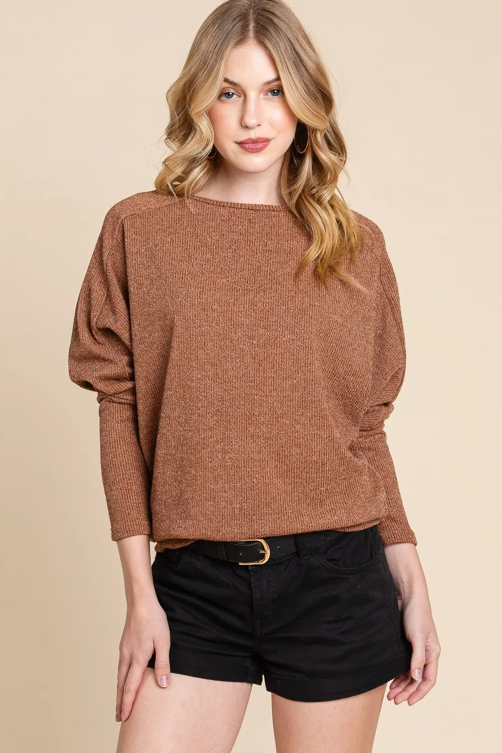 Drop Shoulder Long Sleeve Knit Top Camel