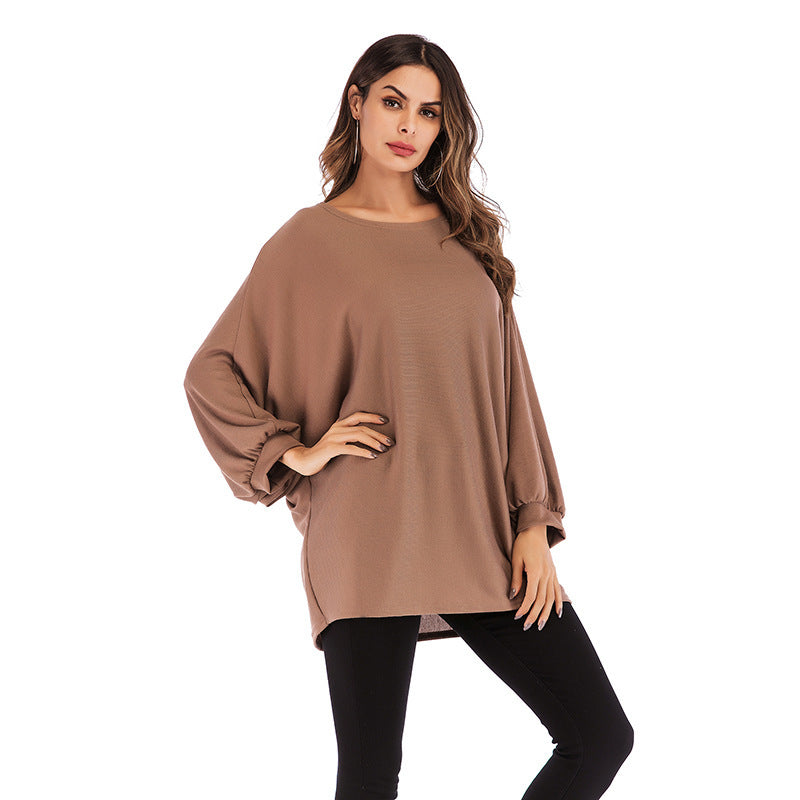 Autumn Fashion European And American Style Women's Large Size Long-sleeved T-shirt Solid Color Round Neck Top For Women Khaki Average Size