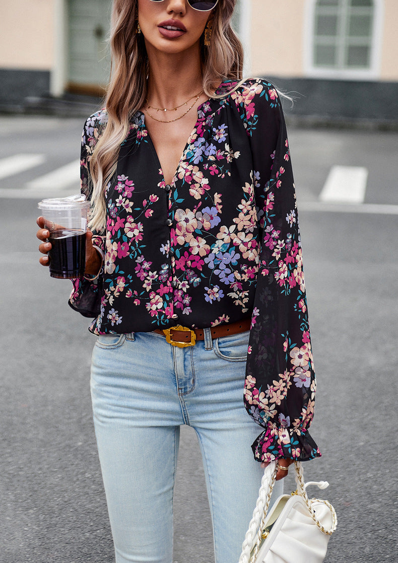 Women's Tops Casual Floral Print V Neck Long Sleeve Shirts Loose Chiffon Blouses Shirts Tops Black