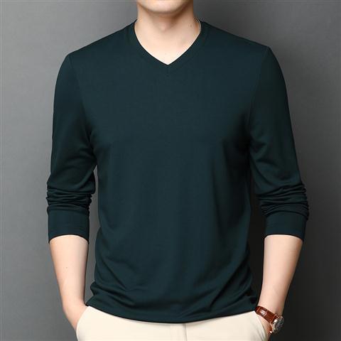 Silk T-shirt Men's Ice Silk Long-sleeved Thin V-neck Silk Bottoming Shirt Dark Green Silk