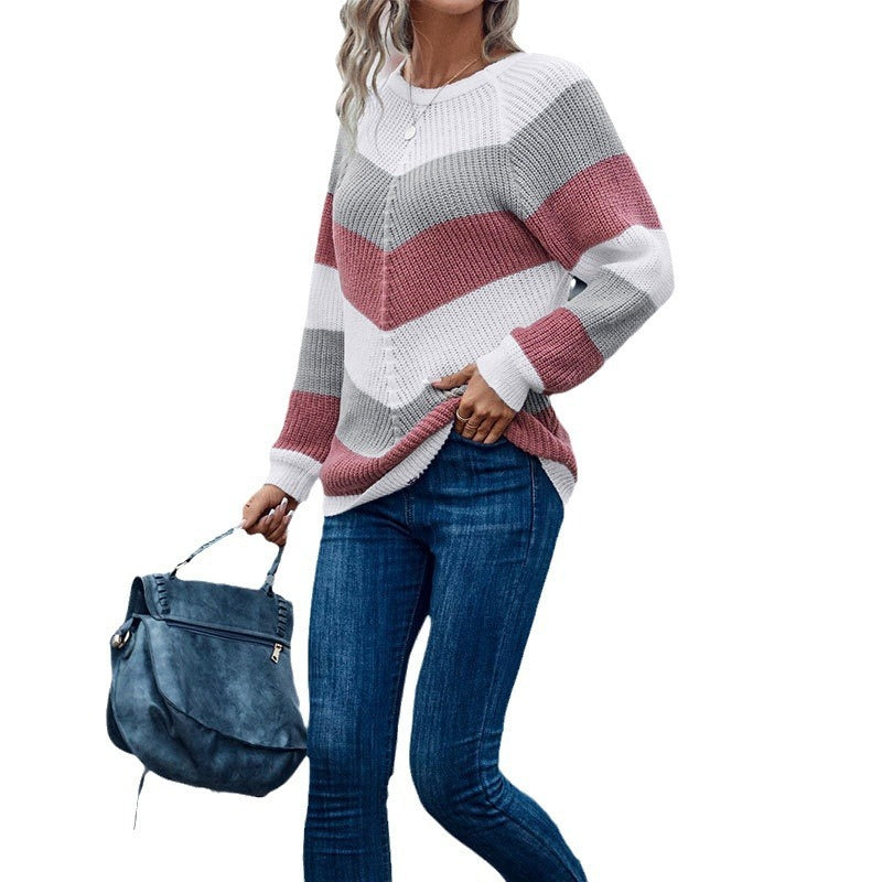 Striped Crew Neck Casual Sweater For Women