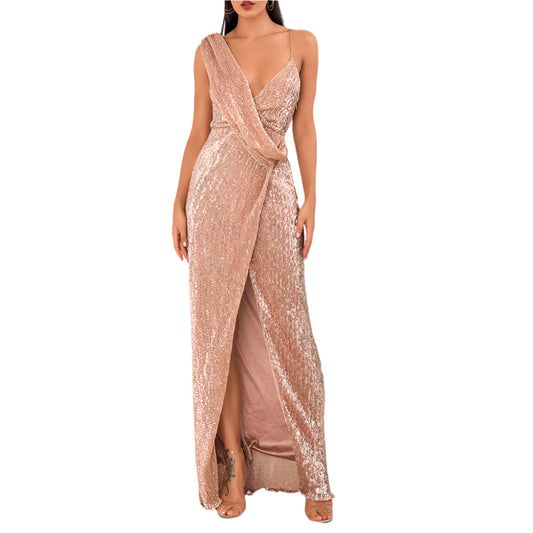 Solid Color Asymmetrical Sequin Slit Party Dress Gold