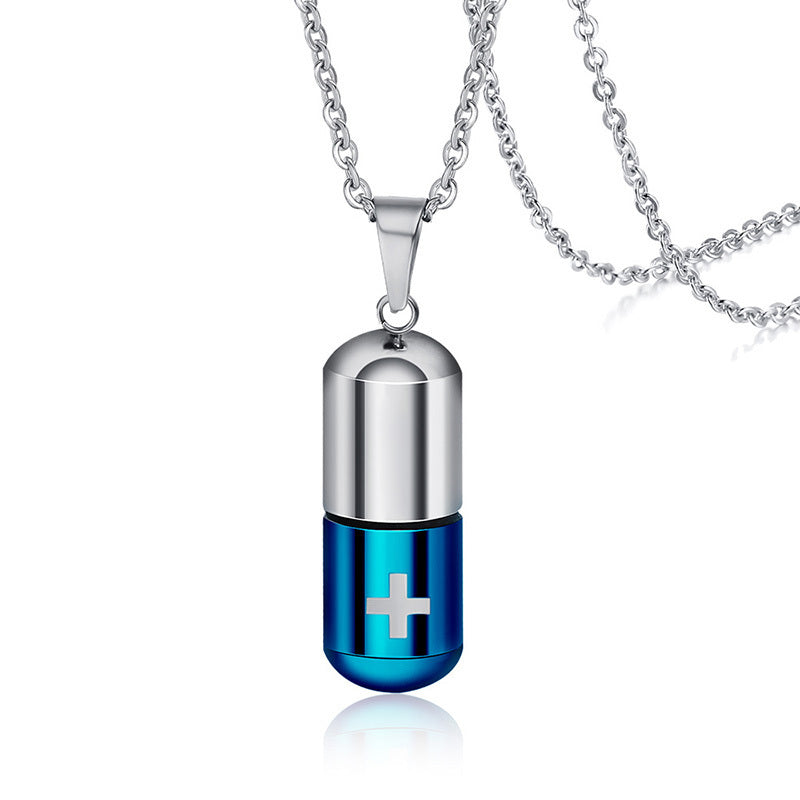 Stainless Steel Cylindrical Perfume Bottle Pendant Steel Blue With Chain