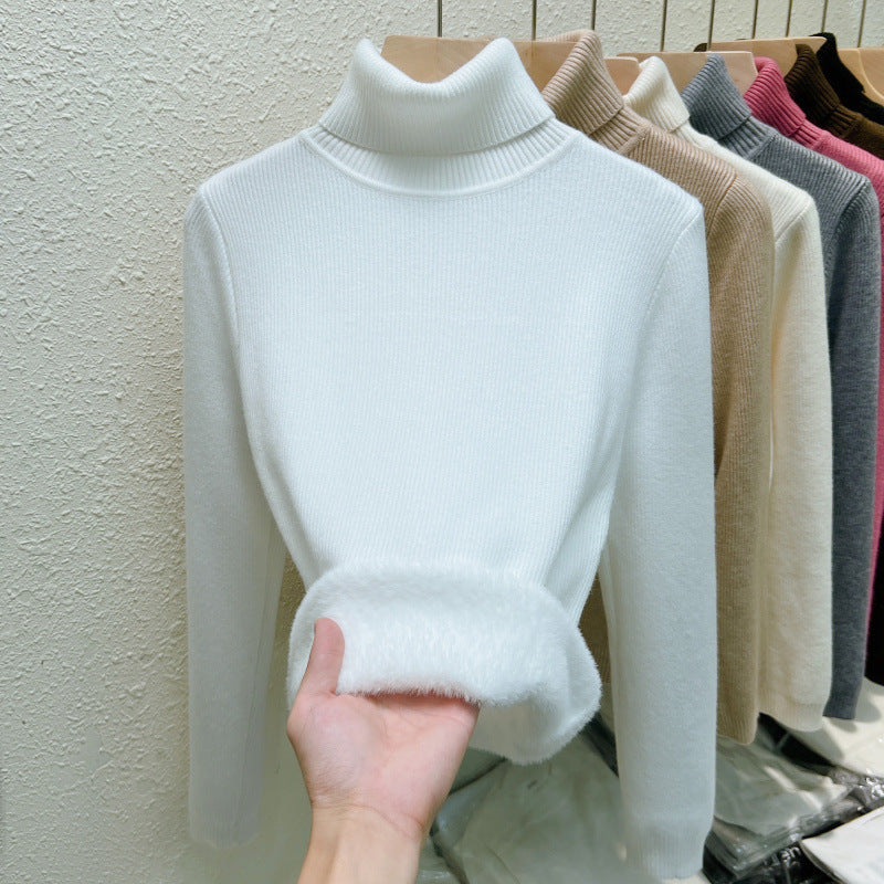 Fleece-lined Thickened Autumn And Winter Turtleneck Sweater Slim Fit Warm White Free Size Viscose