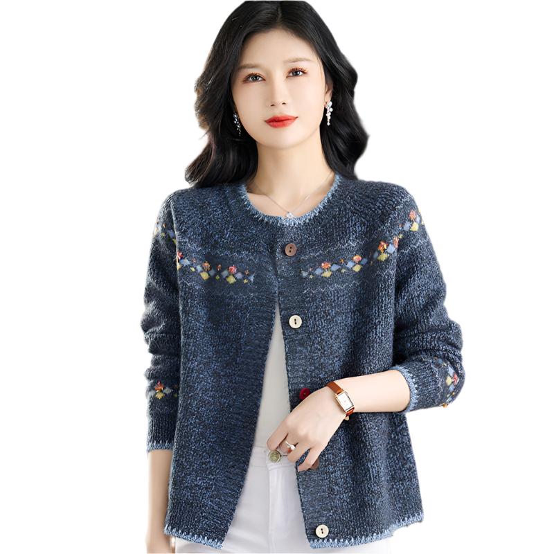 Knitted Cardigan Round Neck Short Loose Sweater Blue