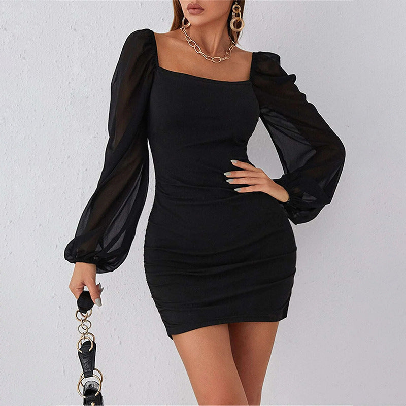 Mesh Stitching Ruffle Slim Fit Dress Women Black Silk