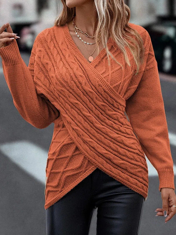 Women's Fashion Casual Solid Color And V-neck Cross Brocade Sweater Orange Acrylic