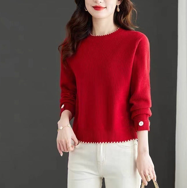 Women's Knitwear Simple Crew Neck Pullover Sweater Red Free Size