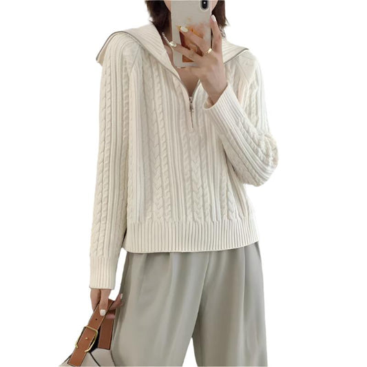 Lapel Half Zipper Cable-knit Pullover Sweater For Women Beige Free Size