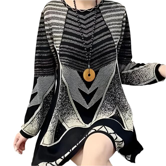 New Mid-length Round Neck Autumn And Winter Geometric Sweater BlackWhite Polyester