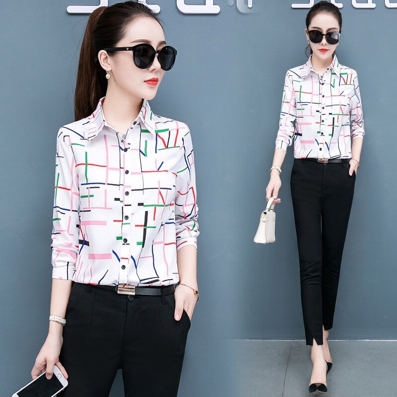 Printed shirt women long-sleeved chiffon shirt top women White