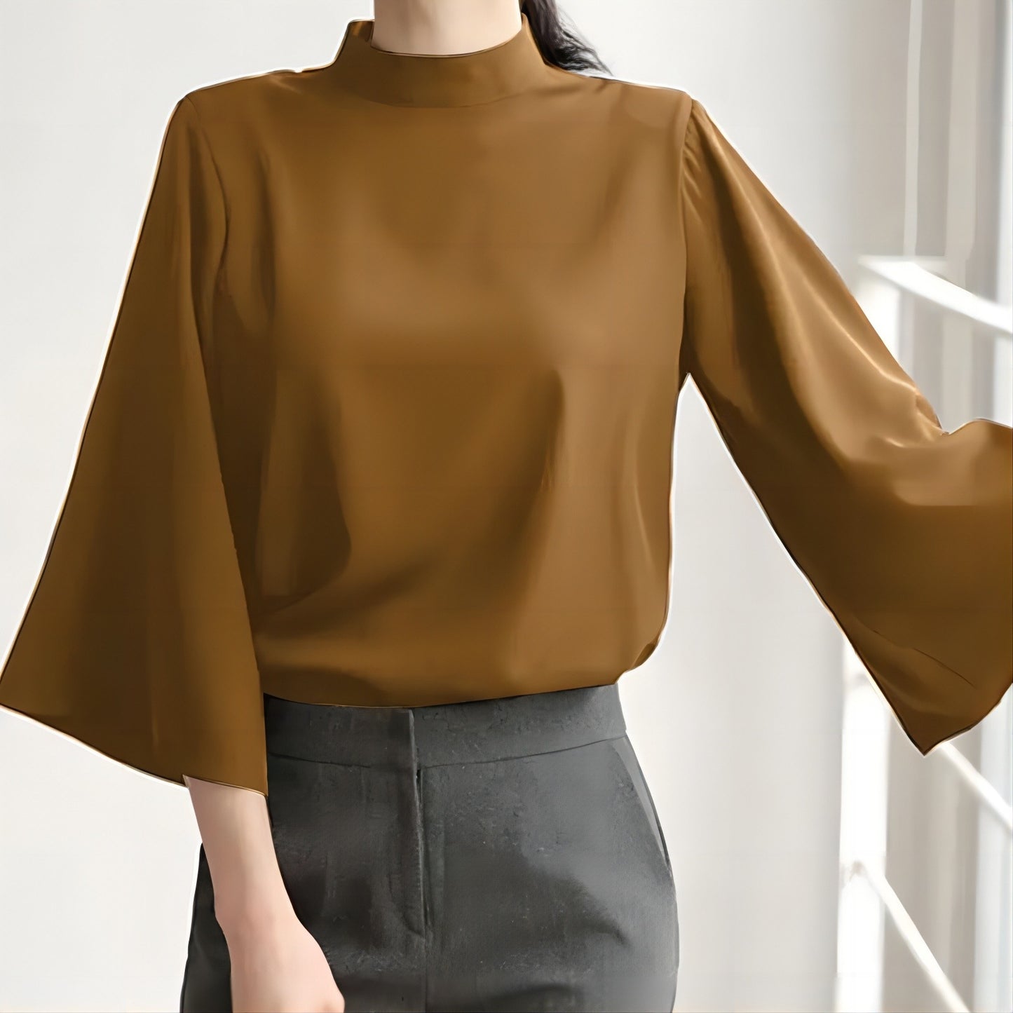 Spring And Summer Stand-up Collar Puff Sleeve Casual Shirt Brown