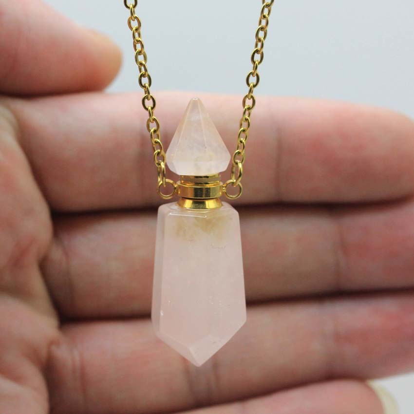 Natural Crystal Perfume Bottle Spiked Hexagon Necklace Pink crystal