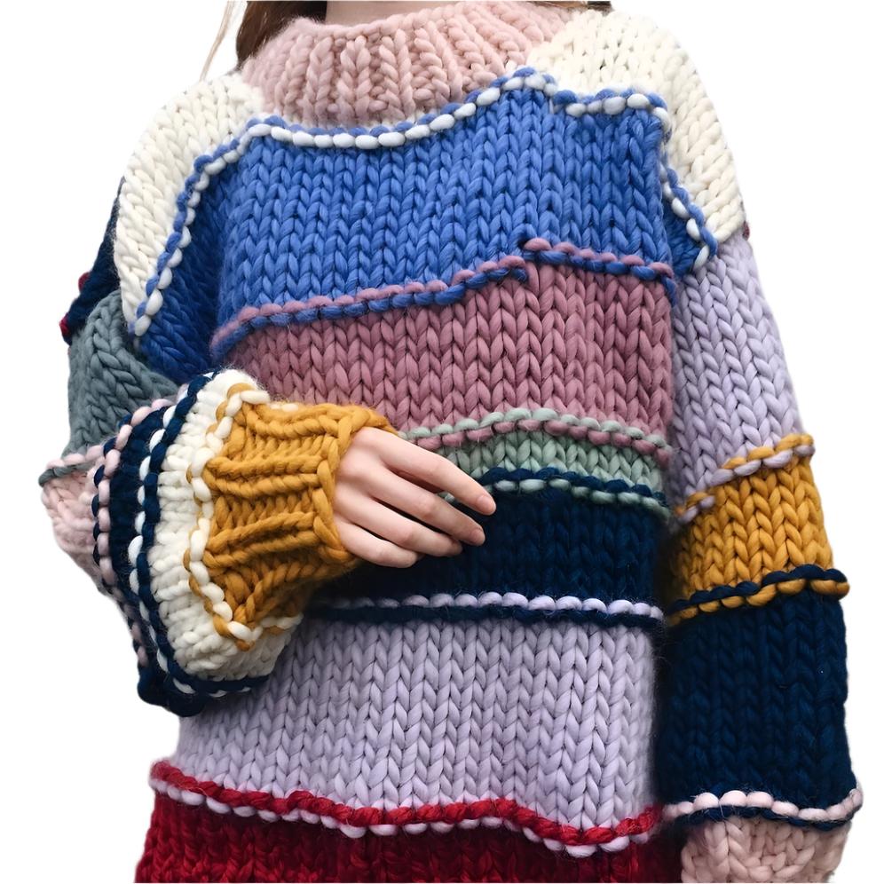 Hand-woven Rainbow Striped Contrast Color Sweater Coat