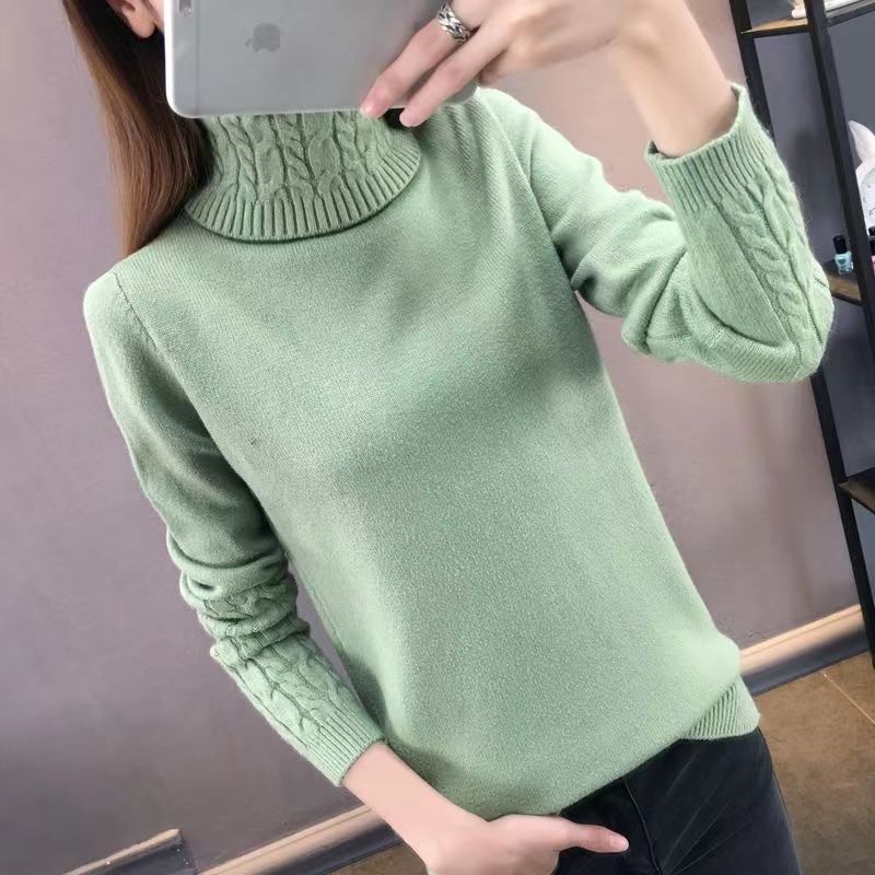 Turtleneck Cable-knit Pullover Thickened Slim Fit Slimming Sweater Light Green Polyester