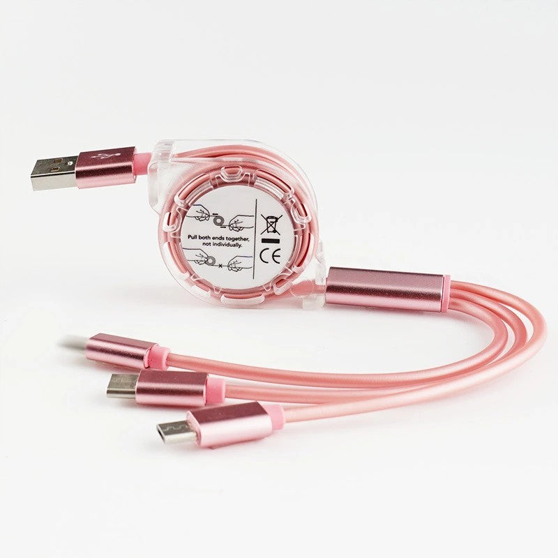 Data Cable One For Three Telescopic Data Cable Mobile Phone Charging Cable Pink 1m