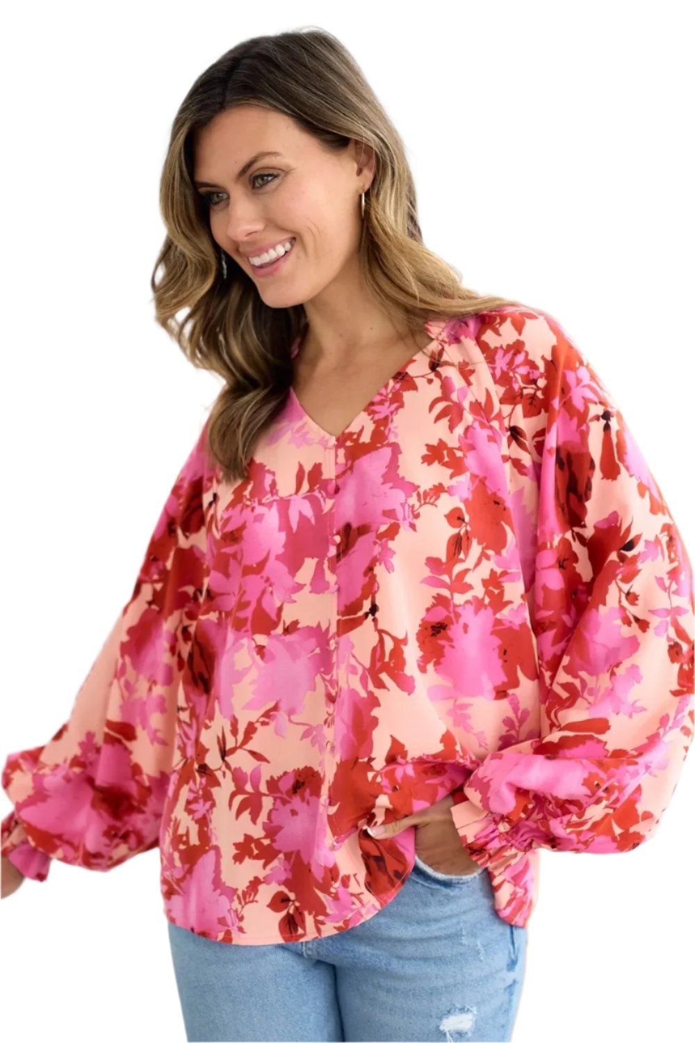 Hailey & Co Ruffle V-Neck Decor Button Floral Blouse Pink