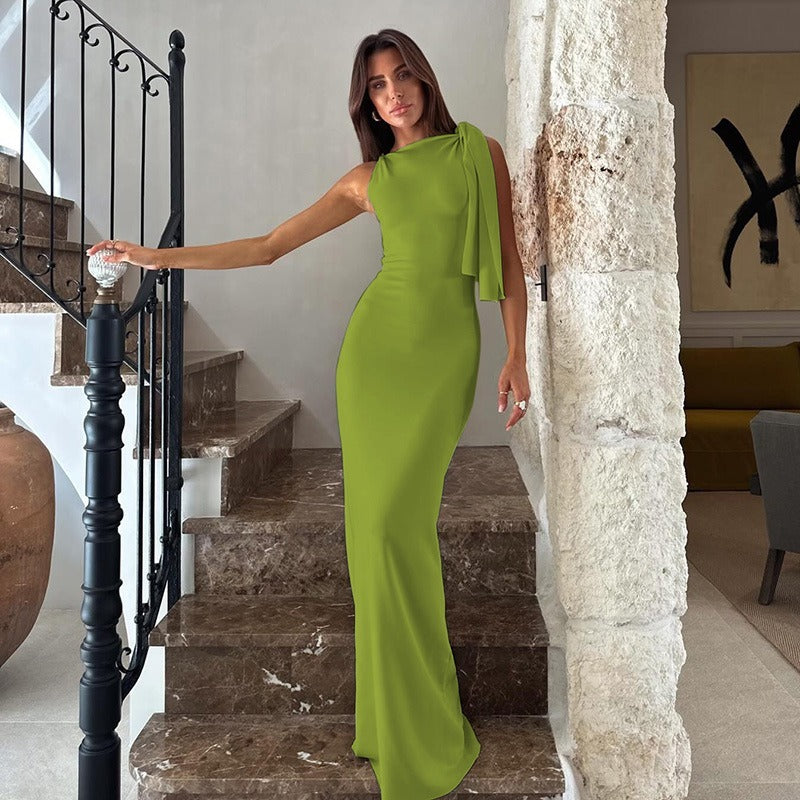 Women's Single Shoulder Solid Color Dress Green