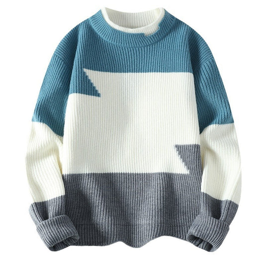 Round Neck Trend Hong Kong Style Fashion Loose Sweater Blue