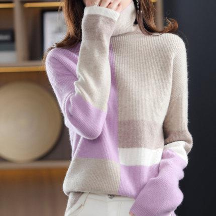 New High-necked Color-block Loose Slouchy Sweater Purple One size