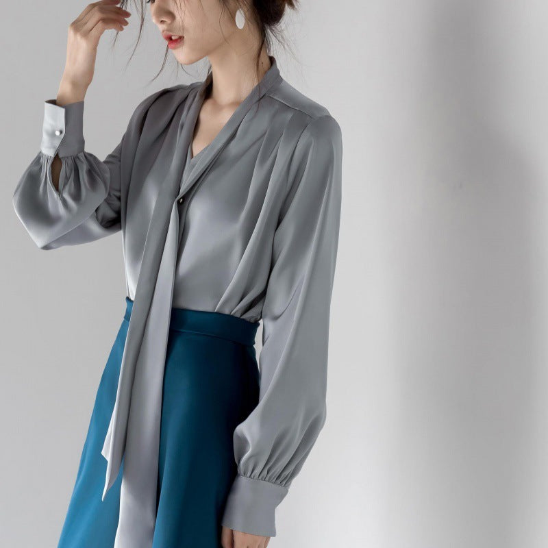 Satin Tie-neck Long Sleeve Shirt Simple All-match Tops Gray And Blue