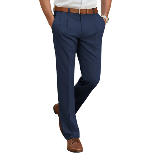 Men's Casual Suit Pants Fashion Trousers Mid Waist Straight Long Pants For Office Business Formal Navy Blue