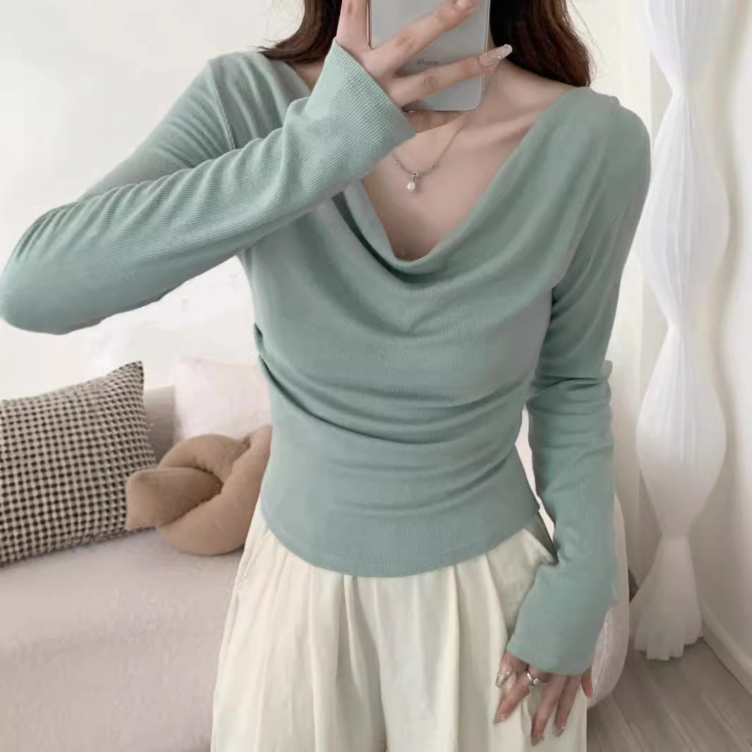 One-shoulder Cold-shoulder Long-sleeved T-shirt Women's Early Autumn Off-shoulder Top Green Polyster