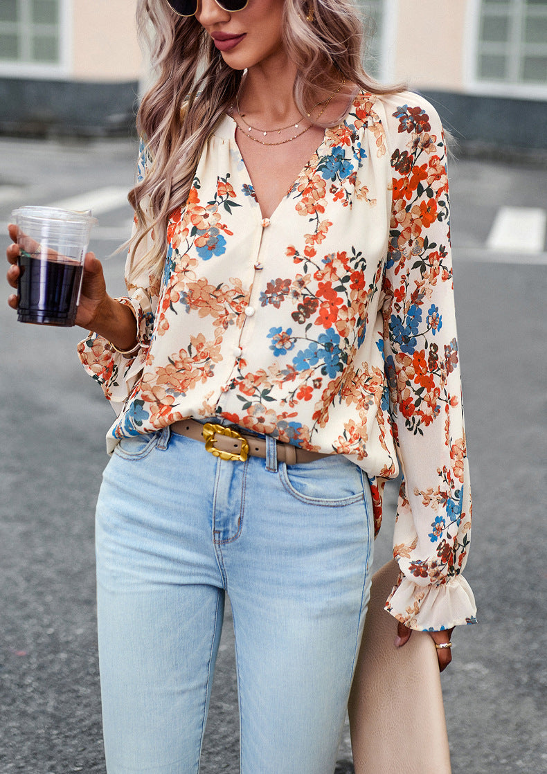 Women's Tops Casual Floral Print V Neck Long Sleeve Shirts Loose Chiffon Blouses Shirts Tops