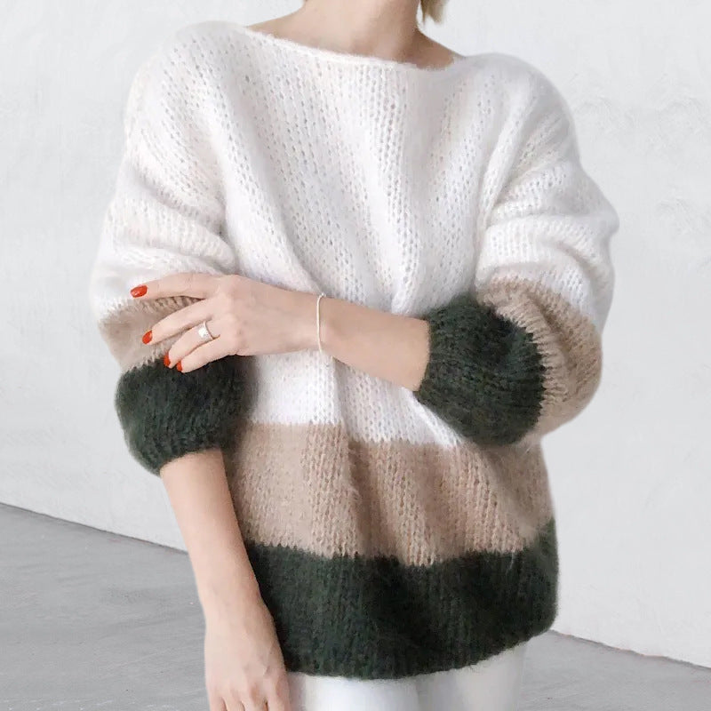 New Autumn And Winter Temperament Commute Color Matching Knitted Sea Furry Sweater