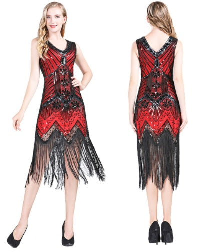 Vintage Sequined Fringe Dress Party Dance Dress Red