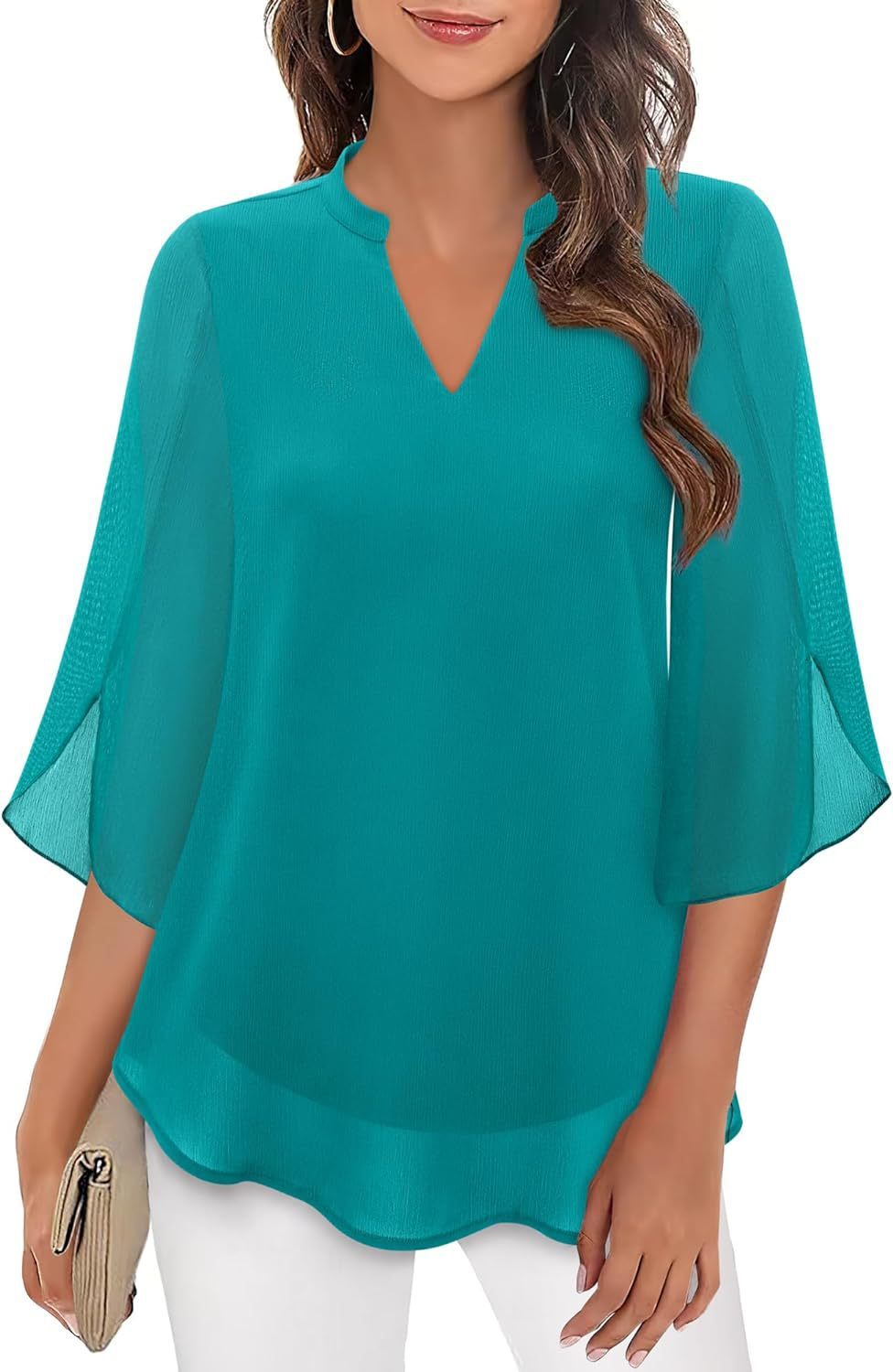 Women's Petal Sleeve Top Loose V-neck Chiffon Shirt Emerald