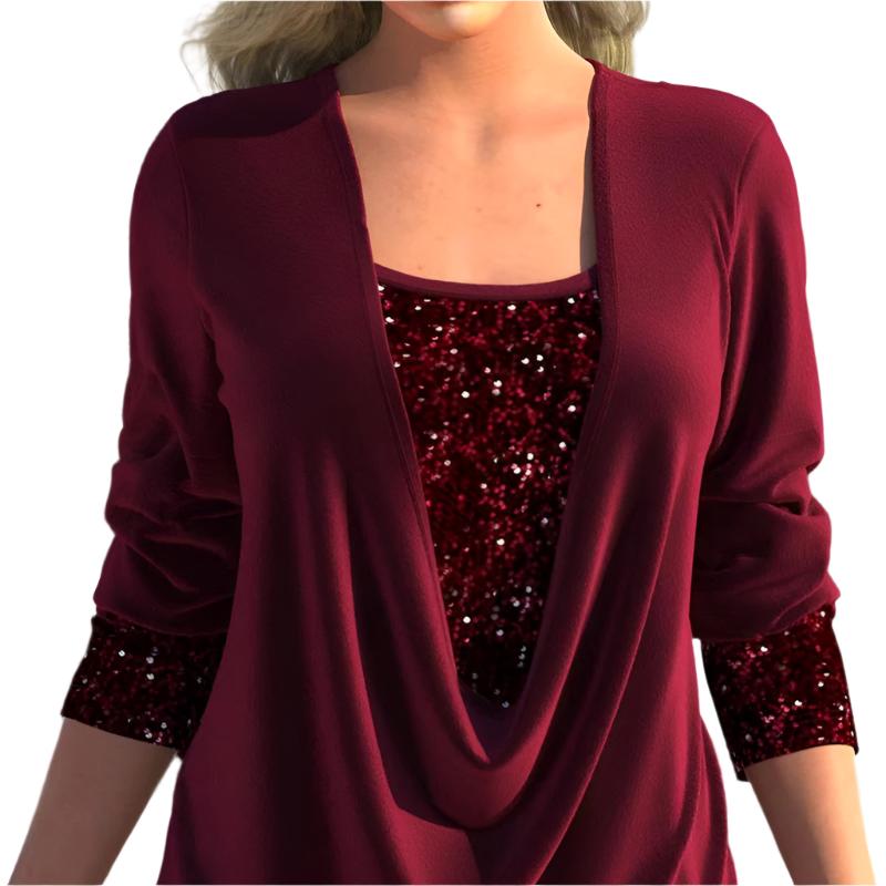 Pure Color Sequins Stitching U-neck Long-sleeved Elegant Casual T-shirt Top