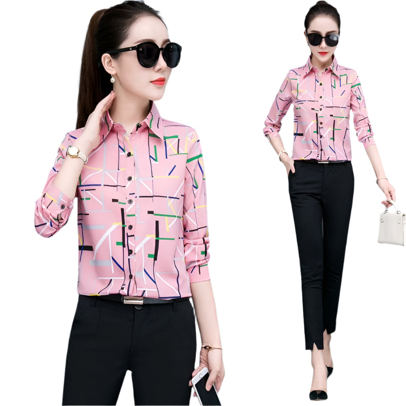 Printed shirt women long-sleeved chiffon shirt top women