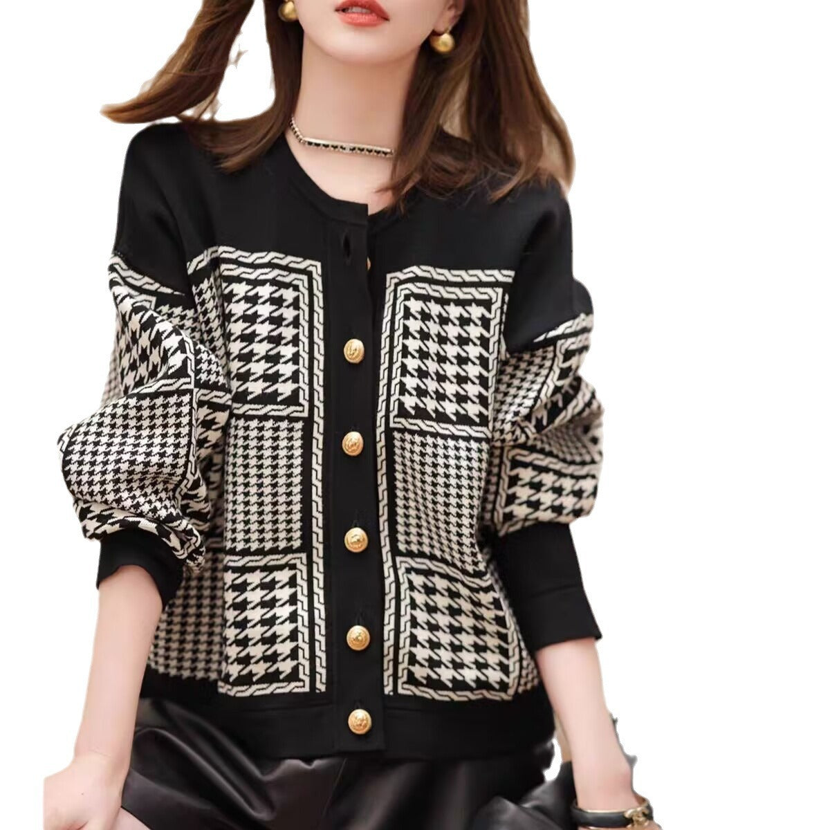 Plus Size Retro Houndstooth Knitwear For Women BlackWhite Polyester