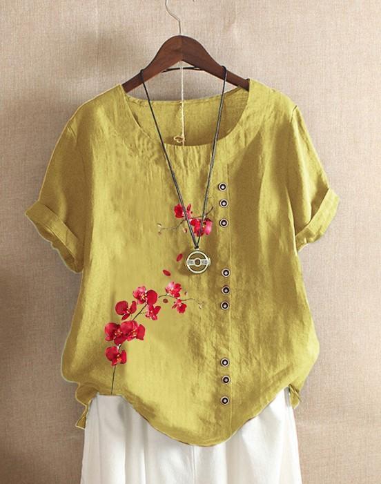 Retro Cotton And Linen Printed Loose Casual Shirt Short-sleeved T-shirt For Women Yellow S