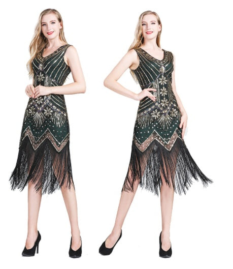 Vintage Sequined Fringe Dress Party Dance Dress Dark green