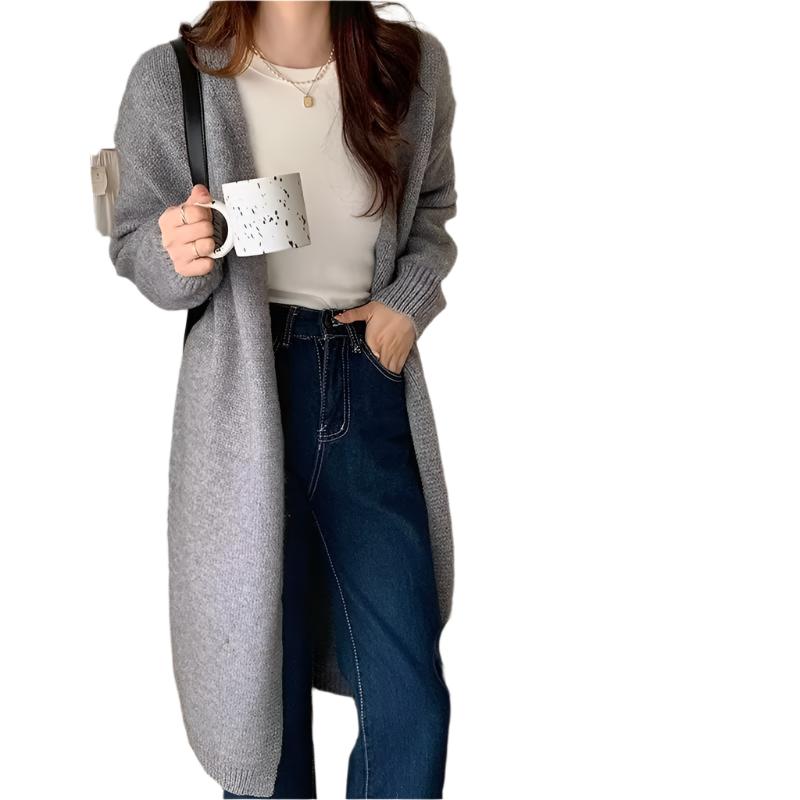 Women's Solid Color Autumn Mid-length Knitted Cardigan Sweater Coat Top Gray Polyester