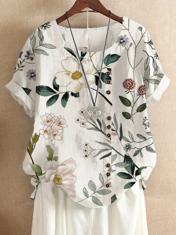 Retro Cotton And Linen Printed Loose Casual Shirt Short-sleeved T-shirt For Women Flower 5