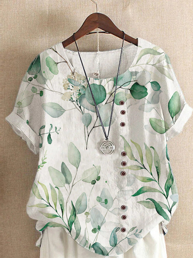 Retro Cotton And Linen Printed Loose Casual Shirt Short-sleeved T-shirt For Women